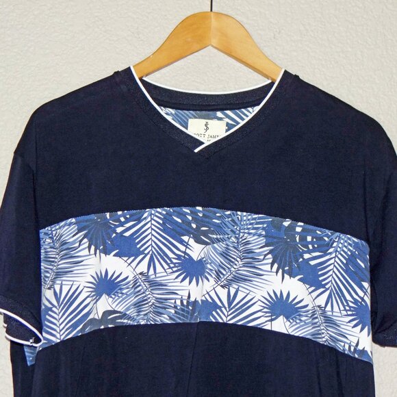 Scott James Men's Navy Blue Short Sleeve T-Shirt with Tropical print XL - Picture 2 of 8